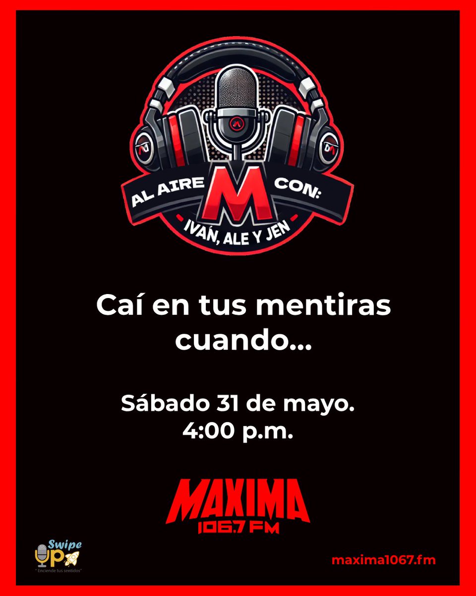 Iván Michel (@ivanmichelfm) on Twitter photo Hoy estaremos #AlAire, <a href="/JennFMax/">JennFMax</a>, <a href="/AleeYudelevy/">Alejandra Magallanes ♔</a> y su servidor para platicar de “caí en tus mentiras cuando…” recuerda que tu comentarios participan por boletos para el cine. 🎞️🍿
Escúchanos sábado 4:00 p.m. por <a href="/MAXIMA1067FM/">MÁXIMA 106.7 FM</a> Hoy estaremos #AlAire, <a href="/JennFMax/">JennFMax</a>, <a href="/AleeYudelevy/">Alejandra Magallanes ♔</a> y su servidor para platicar de “caí en tus mentiras cuando…” recuerda que tu comentarios participan por boletos para el cine. 🎞️🍿
Escúchanos sábado 4:00 p.m. por <a href="/MAXIMA1067FM/">MÁXIMA 106.7 FM</a>