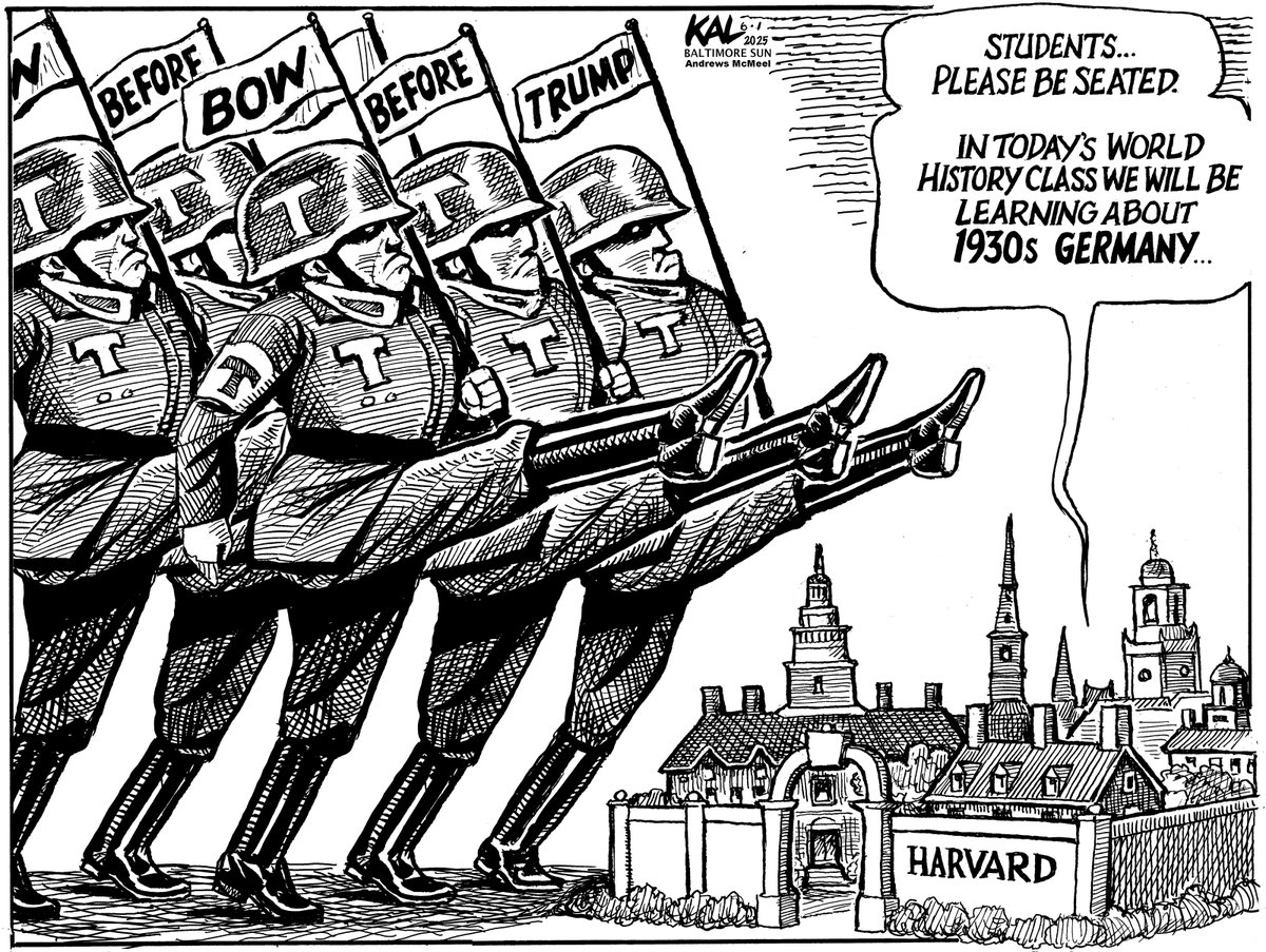 Trump is ominously obsessed with crushing Harvard. 
#harvarduniversity #Harvard #Trump #cartoon #satire