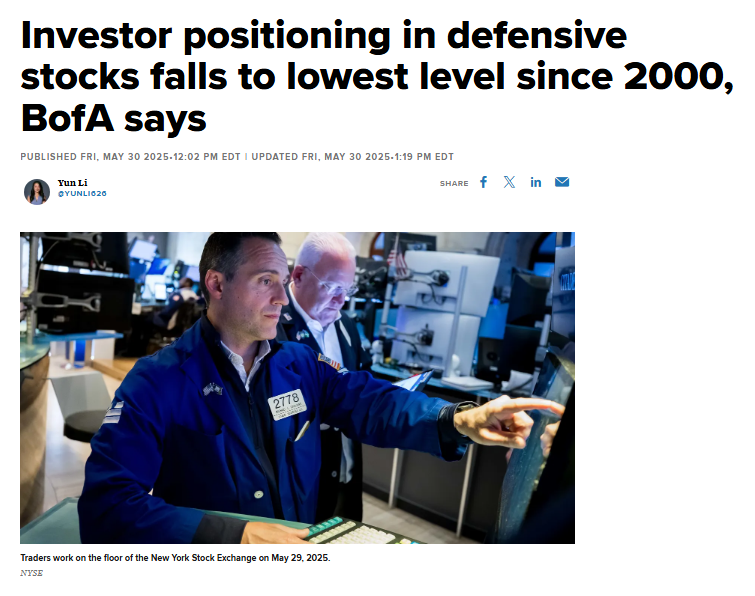 🚨 BREAKING : "Investimenti in azioni difensive ai minimi storici: il posizionamento scende al livello più basso in 25 anni!"