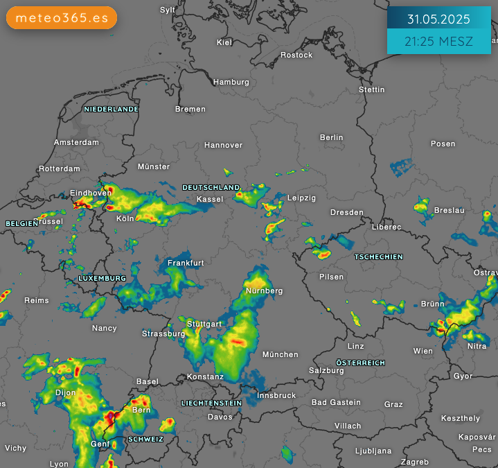 #Wetter in Deutschland am Samstagabend - Lokal kräftige #Gewitter mit Hagel #Unwetter - Radar mit NowCast meteo365.es/de/weather/obs… Zoom für Deinen Standort