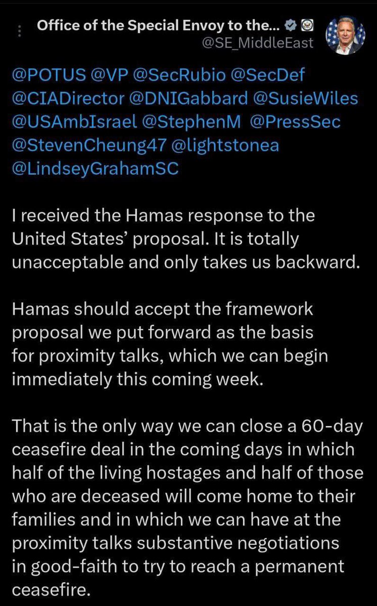 Cheryl E ๐ฎ๐ฑ๐ฎ๐ฑ๐ฎ๐ฑ๐๏ธ (@cherylwroteit) on Twitter photo No <a href="/SteveWitkoff/">Steve Witkoff</a> <a href="/SE_MiddleEast/">Office of the Special Envoy to the Middle East</a>, it does not take us backwards. We were never moving forwards in the first place!!!
You cannot negotiate โin good faithโ with terrorists who have no interest in anything but their own miserable survival, who have no good faith, and who exist No <a href="/SteveWitkoff/">Steve Witkoff</a> <a href="/SE_MiddleEast/">Office of the Special Envoy to the Middle East</a>, it does not take us backwards. We were never moving forwards in the first place!!!
You cannot negotiate โin good faithโ with terrorists who have no interest in anything but their own miserable survival, who have no good faith, and who exist