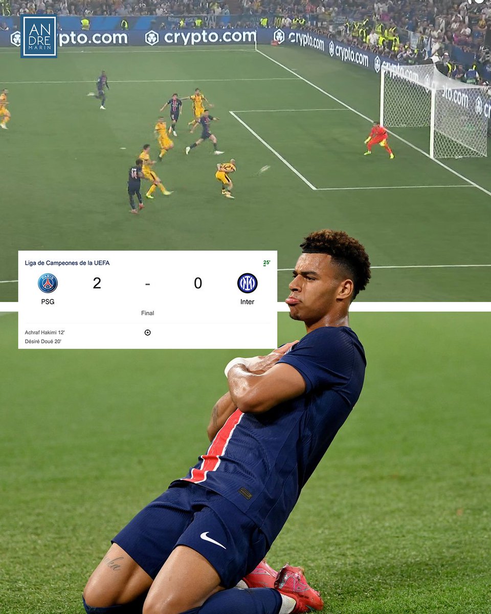 Désiré Doué marca el segundo del PSG! Con solo 19 años Désiré Doué anotó el  segundo gol del PSG en la final de la Champions ante el Inter. La fortuna  le sonrió