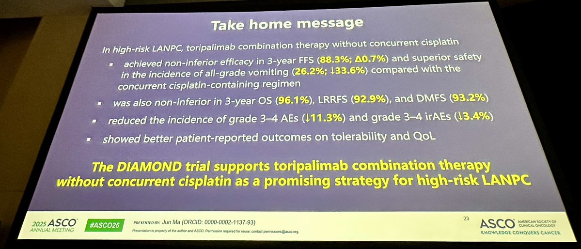 Melvin LK CHUA | FRCR, PhD, FASCO (@drmlchua) on Twitter photo #ASCO2025
#HeadNeckCancer
#NasopharyngealCarcinoma
This is going to be provocative
Toripalimab and concurrent RT, replacing CDDP in LA-NPC showing equipoise
Any comments on this approach? <a href="/KaramLab/">Sana Karam, MD, PhD</a> 😜 #ASCO2025
#HeadNeckCancer
#NasopharyngealCarcinoma
This is going to be provocative
Toripalimab and concurrent RT, replacing CDDP in LA-NPC showing equipoise
Any comments on this approach? <a href="/KaramLab/">Sana Karam, MD, PhD</a> 😜