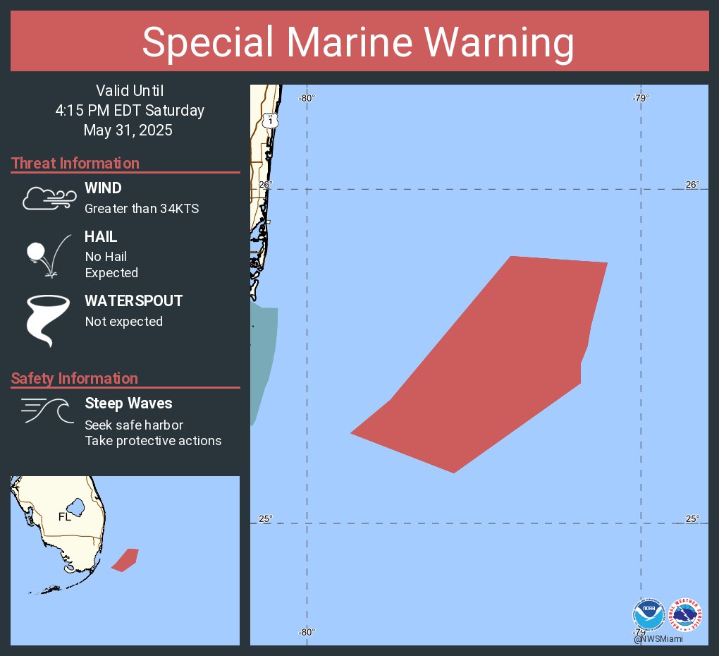 Special Marine Warning continues for the Waters from Deerfield Beach to Ocean Reef FL from 20 to 60 NM excluding the territorial waters of Bahamas and Coastal waters from Deerfield Beach to Ocean Reef FL out 20 NM until 4:15 PM EDT