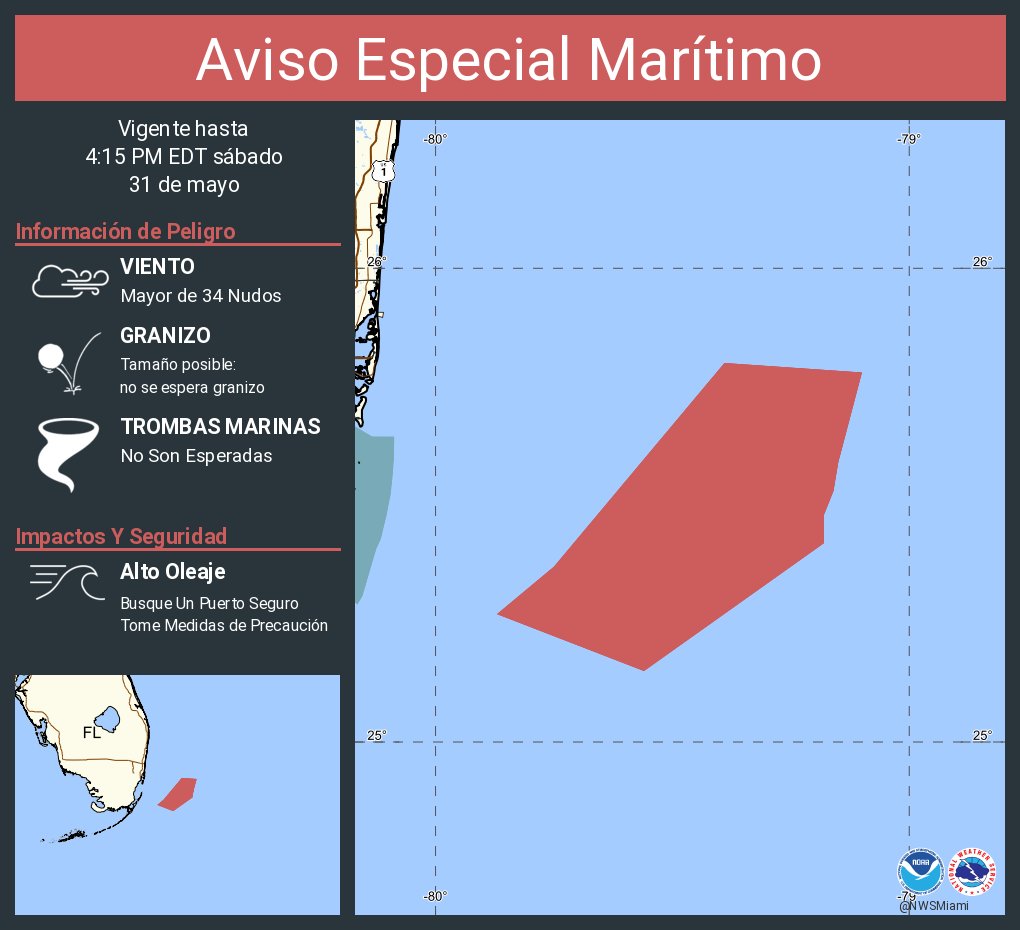 Aviso Especial Marítimo continúa Aguas desde Playa Deerfield a Ocean Reef FL de 20 a 60 MN excluyendo las aguas territoriales de las Bahamas y Aguas costeras desde Playa Deerfield a Ocean Reef FL hacia afuera 20 MN hasta las 4:15 PM EDT