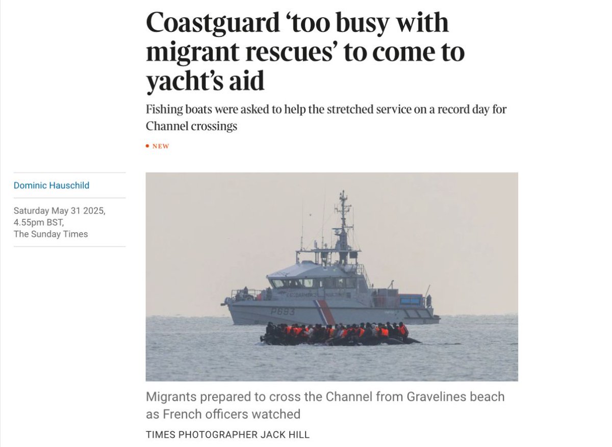 CharlieSansom's tweet photo. The coastguard should not be dealing with illegal migrants over British fishing boats.

Solution: 

Use the Royal Navy to pick the migrants up, destroy their boats, and escort them back to France.

Let's put the onus of responsibility back onto Europe. https://t.co/KvsS7fhDNt