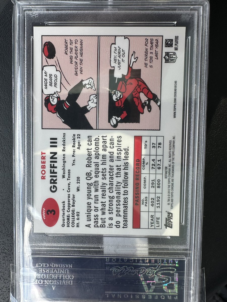 chubrocka's tweet photo. @RGIII Robert. Had to share this 🔥card of ya that I just picked up. Pop 1. (Only one graded PSA 10).  What a tremendous  athlete. And feels like the card captures your personality perfectly. Big fan dawg. ✌🏻 https://t.co/0qUXYwvZSL