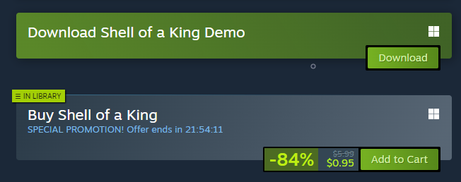 Today is the last day you can grab a copy of Shell of a King for less than a dollar! Thanks to everyone who picked up a copy :)
#indiegame #gamedev #ScreenshotSaturday #indiegames