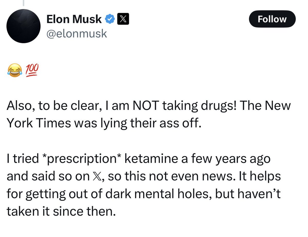 Let’s give Elon the benefit of the doubt for a moment here. You don’t have to. But I will on this. 

Let’s just assume he is being honest about his Ketamine usage. 

And let’s handicap the situation and talk about this. 

Medically prescribed ketamine to treat depression. From a