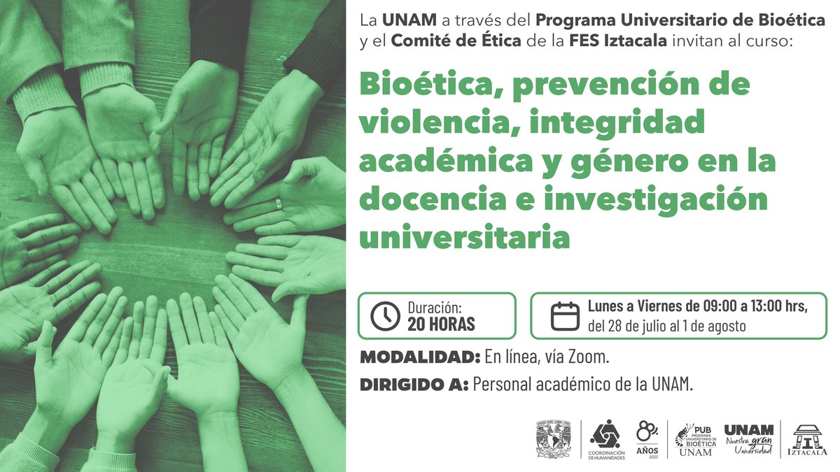 Bioética UNAM (@bioeticaunam) on Twitter photo El comité de Ética de la <a href="/Iztacala/">FES Iztacala</a> y el #PUB invitan al curso: Bioética, prevención de violencia, integridad académica y género en la docencia e investigación universitaria.
Informes:
ceticafesi@unam.mx y educacioncontinuapub@unam.mx zafiro.dgapa.unam.mx/registro/inicio El comité de Ética de la <a href="/Iztacala/">FES Iztacala</a> y el #PUB invitan al curso: Bioética, prevención de violencia, integridad académica y género en la docencia e investigación universitaria.
Informes:
ceticafesi@unam.mx y educacioncontinuapub@unam.mx zafiro.dgapa.unam.mx/registro/inicio