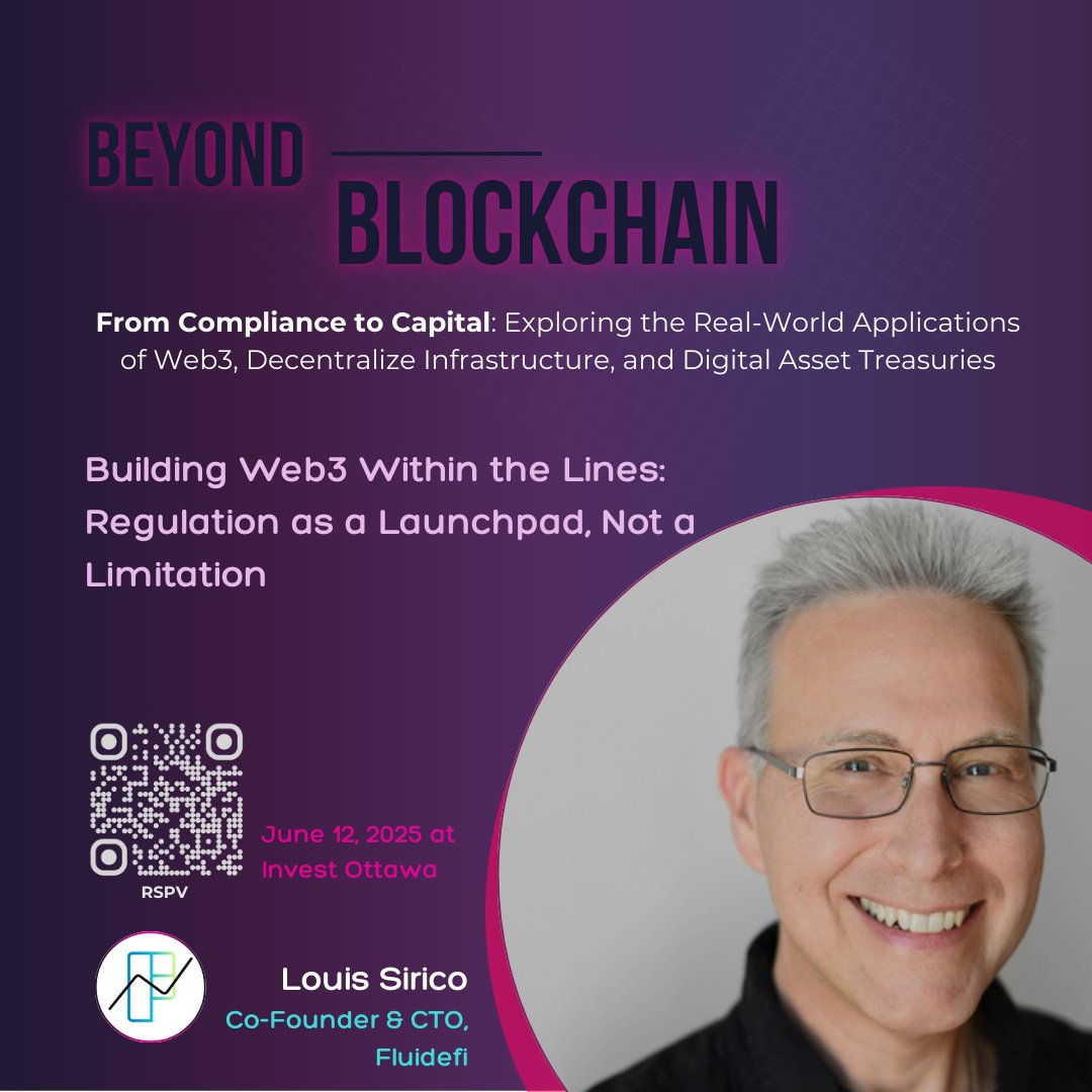 #fluidefi CTO, Louis Sirico, is honored to be a speaker at Beyond #Blockchain: From Compliance to Capital on Join us June 12th in Ottawa
📍 Hosted by #Web3North | ⏰ 3–7PM | Networking to follow

📲 RSVP now: lu.ma/3gy8oglm

#DigitalAssets #Tokenization #CryptoLaw #DePIN