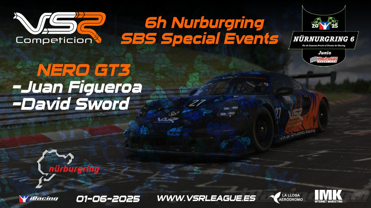 VSR Competicion (@vsrcompeticion) on Twitter photo Mañana nuestros pilotos tienen carrera en las 6h Nurburgring del campeonato SBS Special Events <a href="/iracingsbsports/">iRacingSBS Esport Team</a>
Carrera donde se pone a prueba cualquier piloto.
Mucha suerte!!!💪🏻 Mañana nuestros pilotos tienen carrera en las 6h Nurburgring del campeonato SBS Special Events <a href="/iracingsbsports/">iRacingSBS Esport Team</a>
Carrera donde se pone a prueba cualquier piloto.
Mucha suerte!!!💪🏻