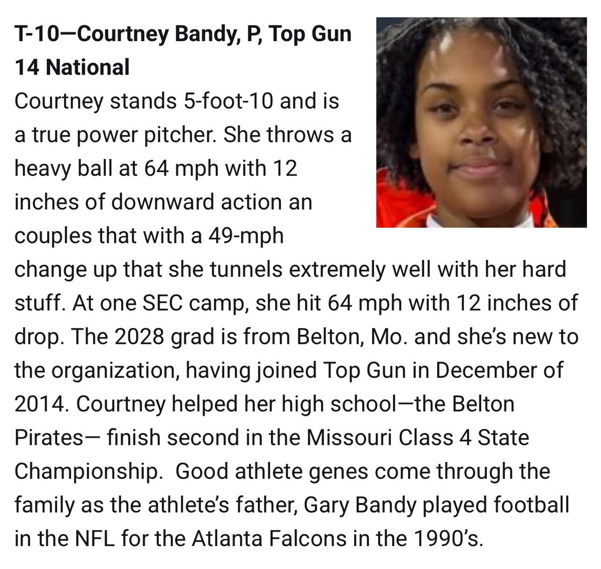 Courtney Bandy (@courtneybandy28) on Twitter photo Very honored and blessed to be ranked #10 in the class of 2028 softball players by <a href="/LineDsoftball/">Line Drive Media</a>! Thank you to all of my past, present and future teammates, coaches, family and friends that have helped me along the way. <a href="/TG_14_National/">Top Gun 14 National</a> <a href="/TGA_Turner/">Top Gun National 18U</a> <a href="/TGASciara/">Top Gun National 16</a> <a href="/topgun_skim/">Top Gun National 16u-SK</a> Very honored and blessed to be ranked #10 in the class of 2028 softball players by <a href="/LineDsoftball/">Line Drive Media</a>! Thank you to all of my past, present and future teammates, coaches, family and friends that have helped me along the way. <a href="/TG_14_National/">Top Gun 14 National</a> <a href="/TGA_Turner/">Top Gun National 18U</a> <a href="/TGASciara/">Top Gun National 16</a> <a href="/topgun_skim/">Top Gun National 16u-SK</a>