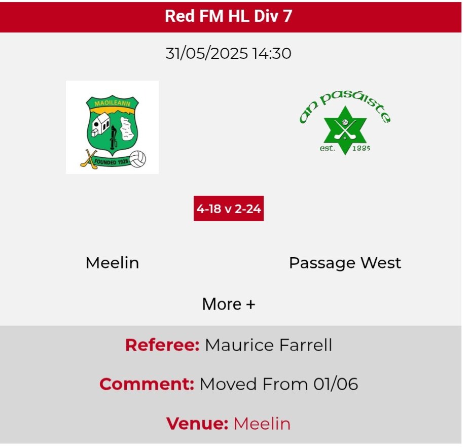 Division 7 Hurling League.
Result:
After a good tight game it ended all square in a draw! This still has us in a relegation spot with a few games to go Best of luck lads. 

Meelin 4.18
<a href="/PassageWestGAA/">Passage West GAA</a> 2.24
<a href="/OfficialCorkGAA/">Cork GAA</a>