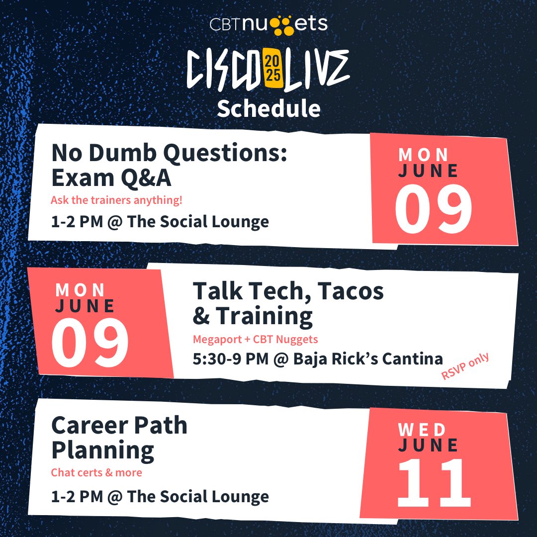 Heading to #CiscoLive in San Diego?
You bring your IT questions. We’ll bring the tacos. 🌮

✅Stop by the Social Lounge to chat certs + careers with our trainers (no RSVP needed).
🎉Join us Monday night for tacos +
networking! Register Here:
go.megaport.com/ME2505-1747168…