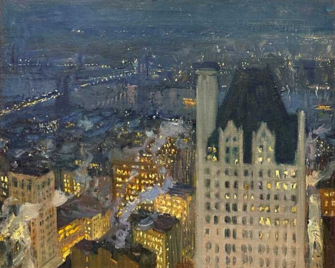 'New York at Night.' (c1912) Charles Hoffbauer's paintings of New York were inspired after seeing photographs of the city in a bookshop window on the Corso in Rome a year before this work was painted. He became an American citizen in 1939.