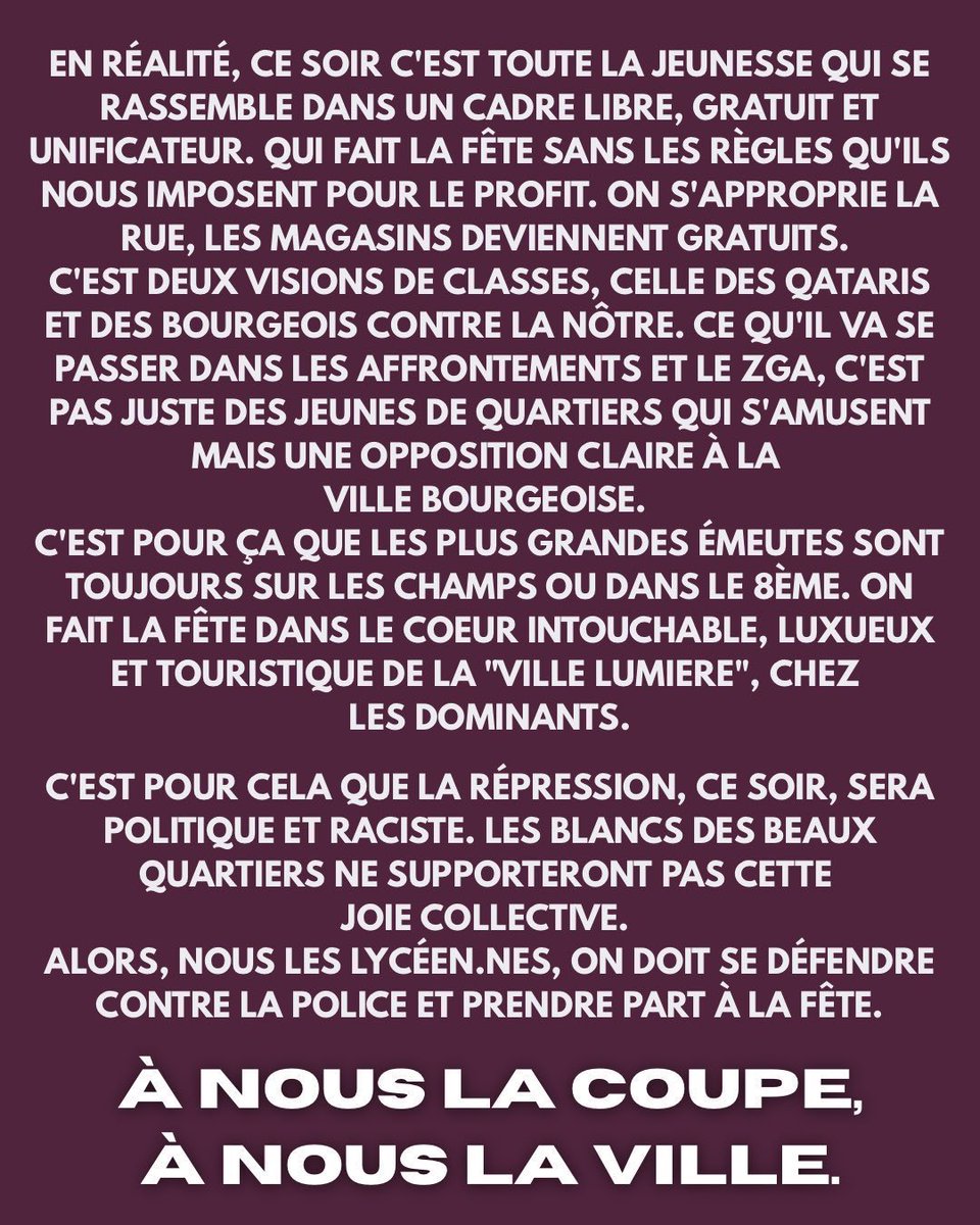 ❤️💙CE SOIR AUX CHAMPS!❤️💙

Ce soir laissons exploser notre joie, notre rage, rendons leur laideur aux « beaux quartiers. Cette soirée sera la plus politique de l’année, car si le pouvoir est au bout du fusil, la joie est au bout du mortier🎆

#psg #PSGINT #ldc #ChampionsLeague