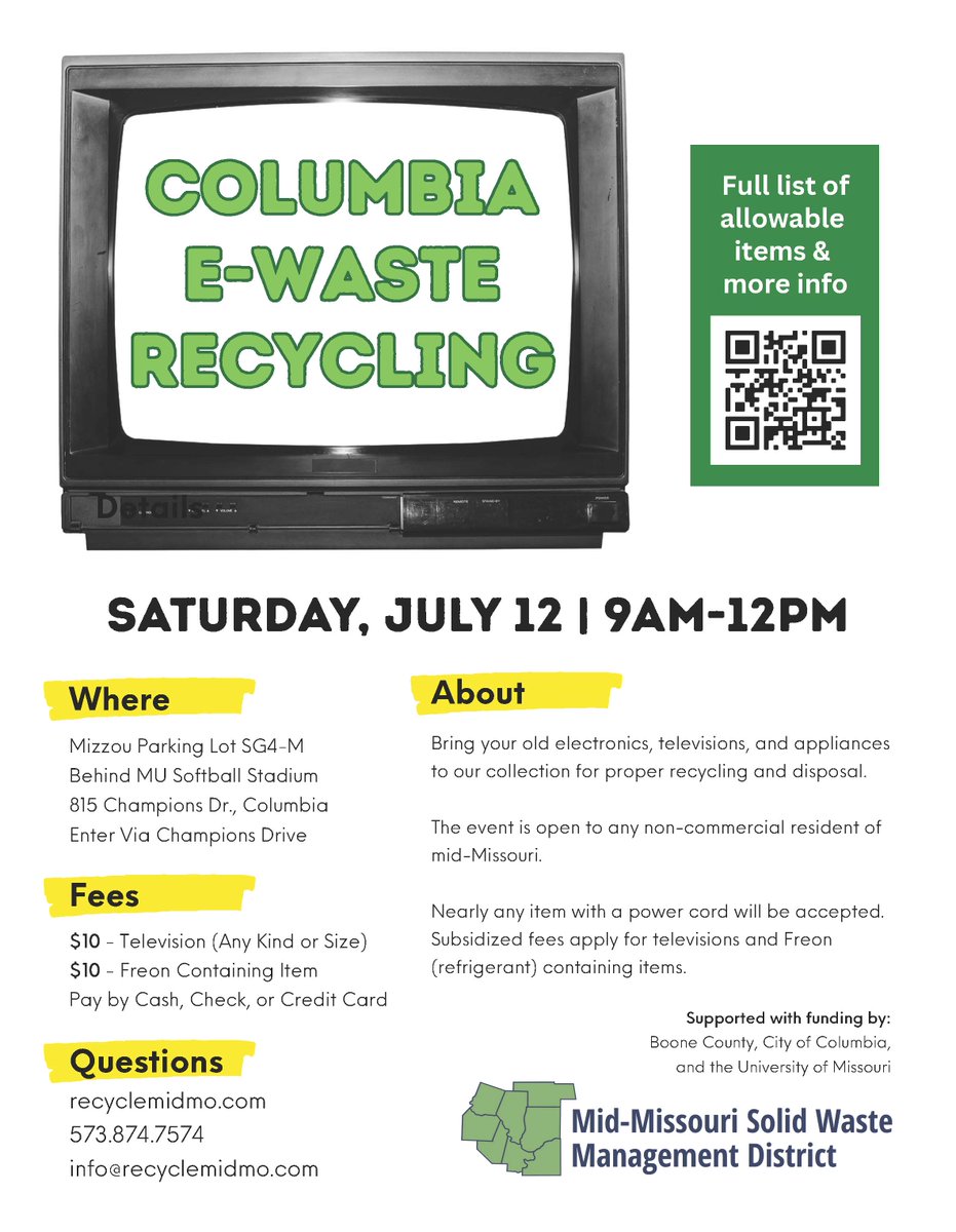 ♻️ Recycle your old electronics, TVs &amp; appliances! ♻️

📍 Mizzou Lot SG4-M (Behind Softball Stadium)
🗓️ Open to non-commercial mid-MO residents
💲 TVs &amp; Freon items = $10, everything else FREE
💳 Cash, check, or card

🔗 Full list: mrcrecycling.net/list