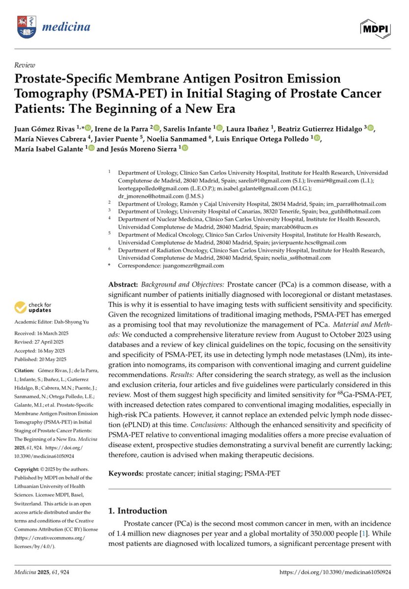 🎯Prostate-Specific Membrane Antigen Positron Emission Tomography (PSMA-PET) in Initial Staging of Prostate Cancer Patients: The Beginning of a New Era
📍 Published in @Medicina_MDPI
🔗 doi.org/10.3390/medici…

pubmed.ncbi.nlm.nih.gov/40428882/

In this comprehensive review, we explore how