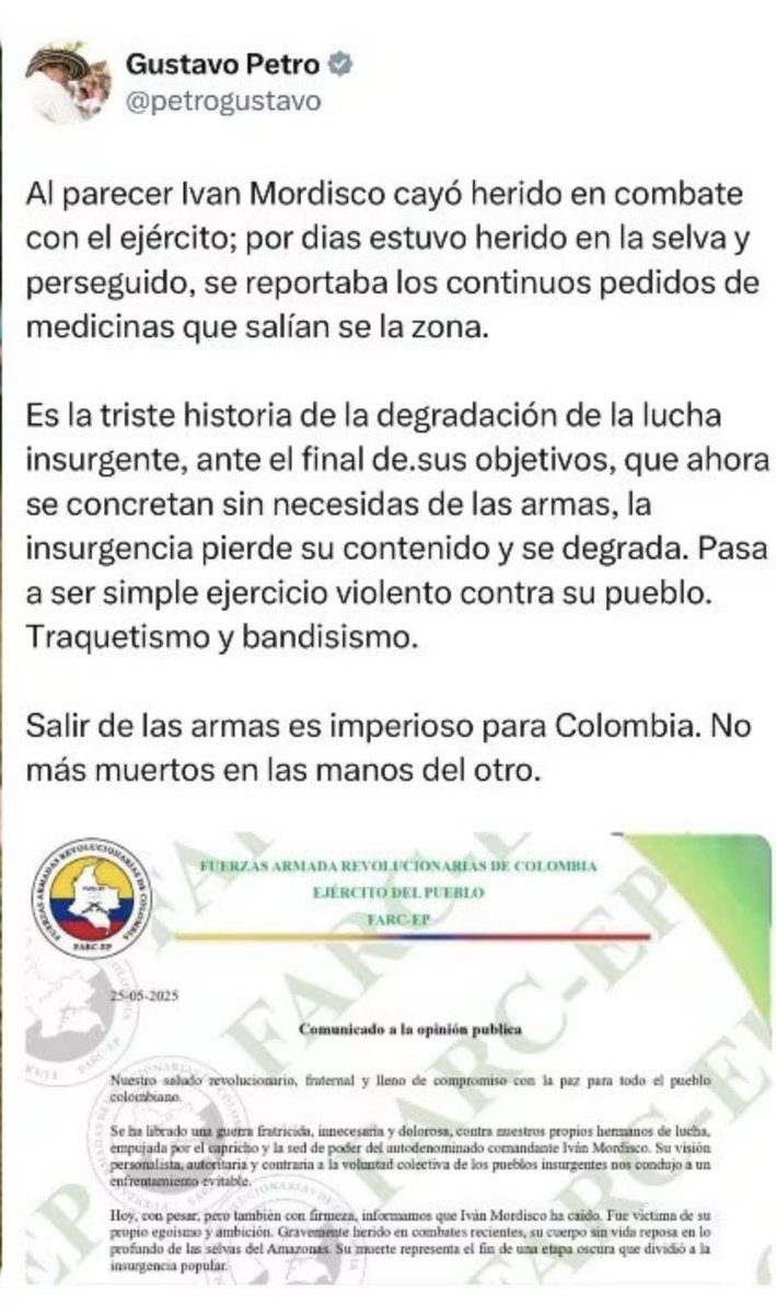 VickyDavilaH's tweet photo. Aquí está el trino que hizo Petro confirmando la muerte del criminal “Mordisco”. Habló de una “triste historia”. Pero lo borró. 

Todo lo que está mal en un Gobierno lo encarna este Gobierno. https://t.co/A7Irh18jri