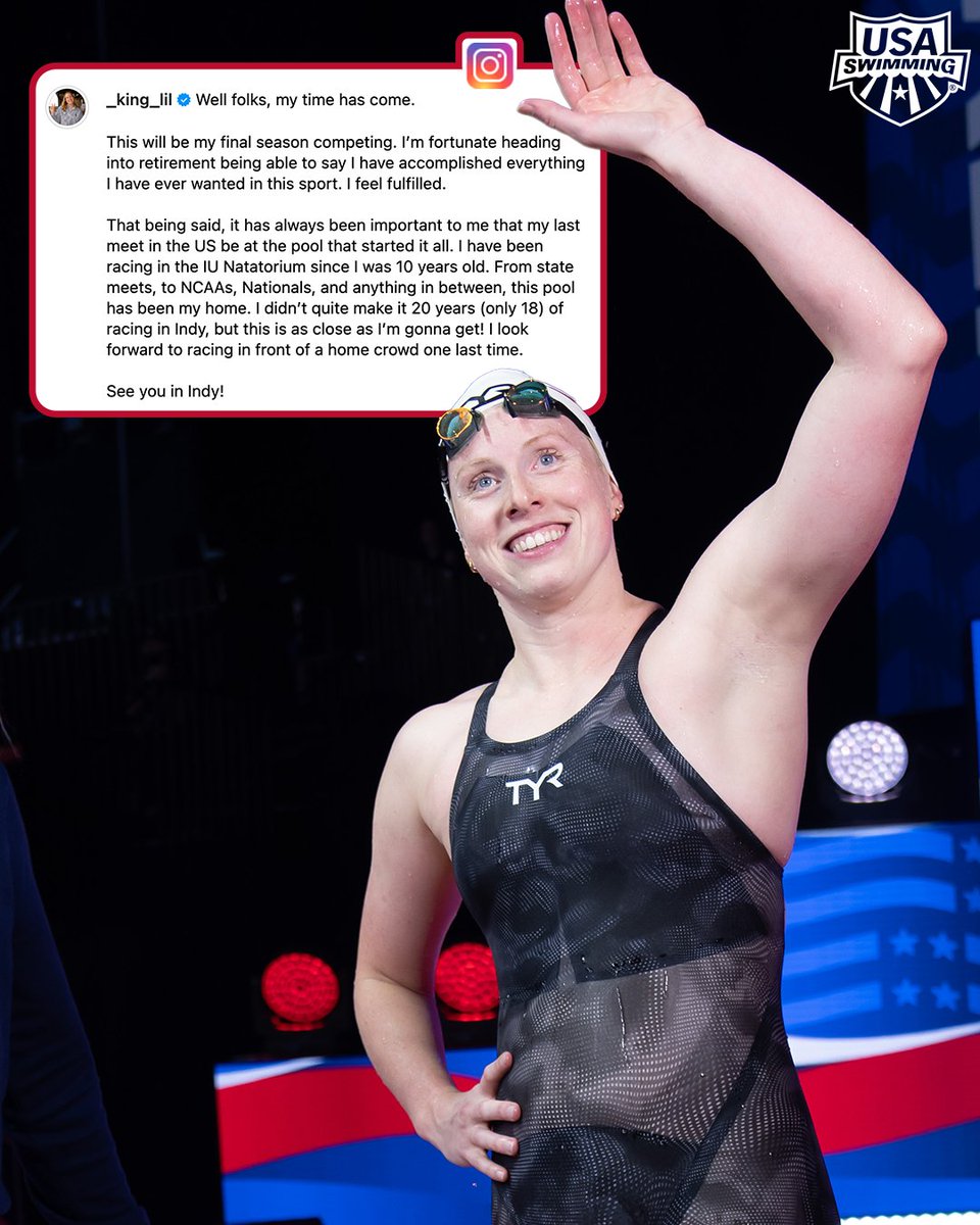 USA Swimming (@usaswimming) on Twitter photo The end of an era 🥺👑
<a href="/_king_lil/">Lilly King</a> announces via Instagram that next week's #ToyotaNationals will be her last meet on U.S. soil in what will be her final season 🤧 The end of an era 🥺👑
<a href="/_king_lil/">Lilly King</a> announces via Instagram that next week's #ToyotaNationals will be her last meet on U.S. soil in what will be her final season 🤧