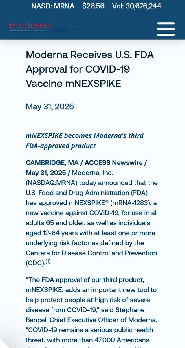 Die us-amerikanische Zulassungsbehörde FDA hat eine weitere modRNA-Genimpfung der Firma Moderna zugelassen. Wieder wird eine wenig aussagekräftige relative Wirksamkeit angeführt und ein ähnliches Sicherheitsprofil wie bei Spikevax versprochen. MAHA :-) investors.modernatx.com/news/news-deta…