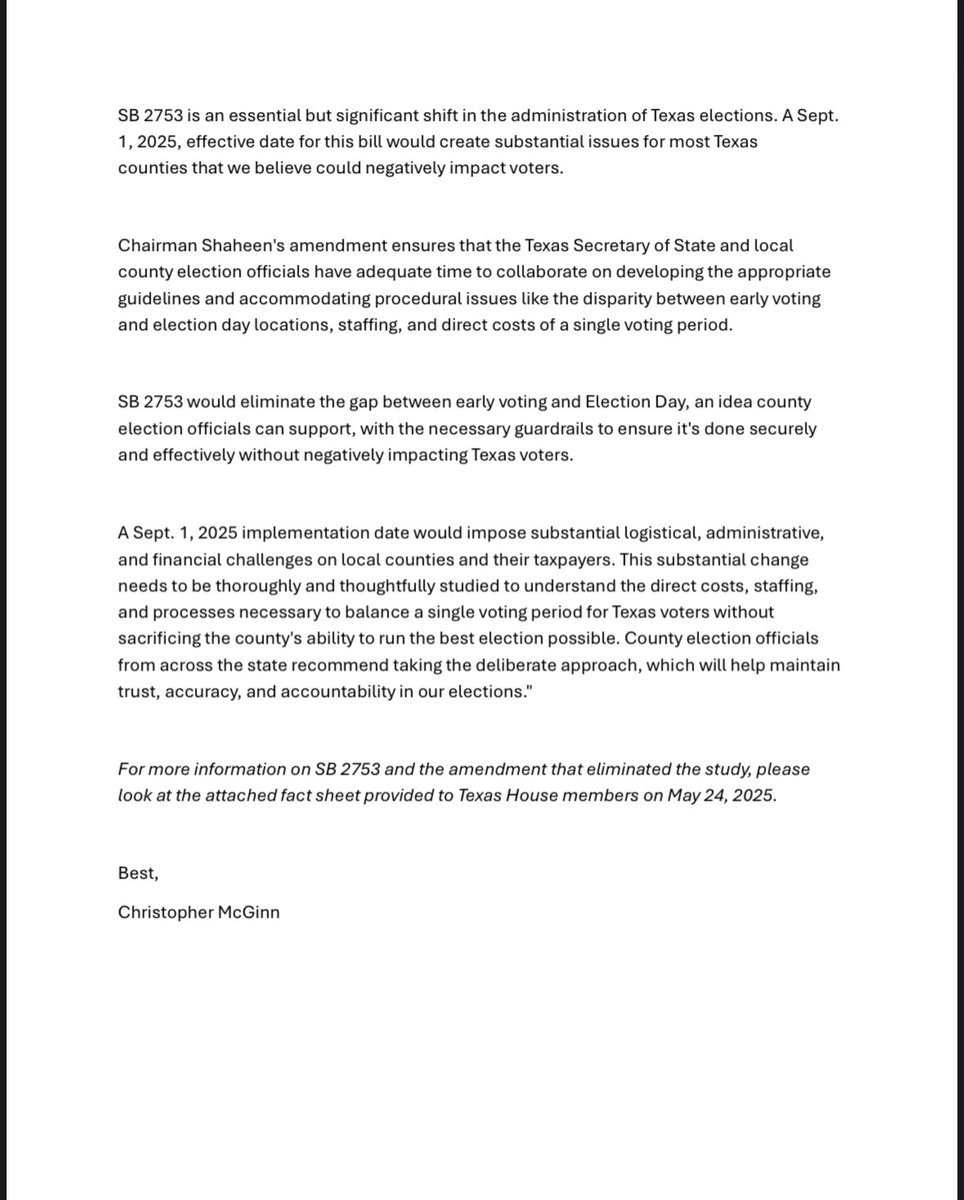 I stand with my fellow election officials in opposing the rushed implementation of SB 2753 in Nov. 2025. We’ve shared our concerns and provided lawmakers with the data they need to support sound policy that protects voters and ensures secure, accessible elections across Texas.