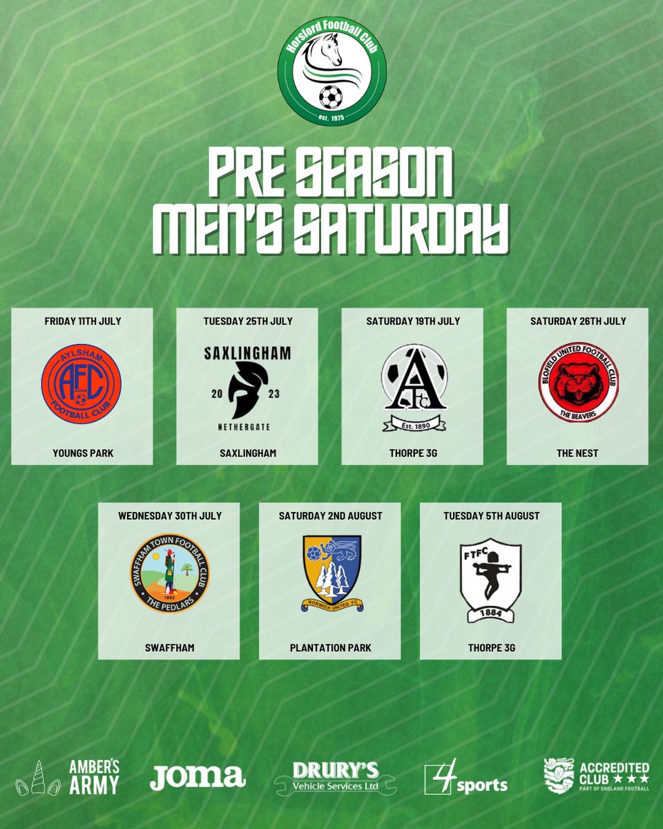 Horsford F.C. (@horsfordfc) on Twitter photo Men’s Saturday pre season calendar ahead of the start of the <a href="/AnglianCom/">Fosters Solicitors Anglian Combination</a> season 💚🖤⚽️ #norfolkfootball Men’s Saturday pre season calendar ahead of the start of the <a href="/AnglianCom/">Fosters Solicitors Anglian Combination</a> season 💚🖤⚽️ #norfolkfootball