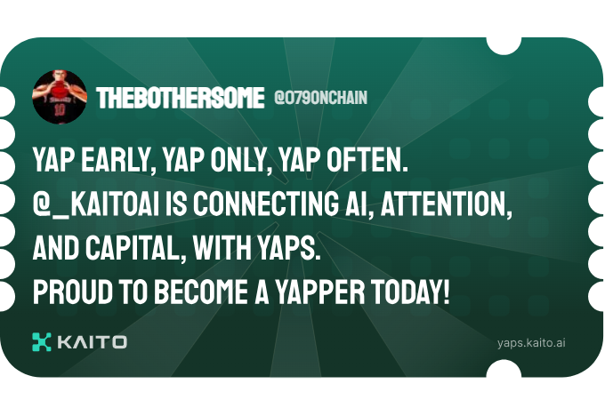 thebothersome (@079onchain) on Twitter photo Yap early, yap only, yap often.
<a href="/KaitoAI/">Kaito AI 🌊</a> is connecting AI, attention and capital with Yaps.
Just claimed my social card and I'm accumulating Yap points in real-time.
Claim yours 👉 yaps.kaito.ai/referral/15788… Yap early, yap only, yap often.
<a href="/KaitoAI/">Kaito AI 🌊</a> is connecting AI, attention and capital with Yaps.
Just claimed my social card and I'm accumulating Yap points in real-time.
Claim yours 👉 yaps.kaito.ai/referral/15788…