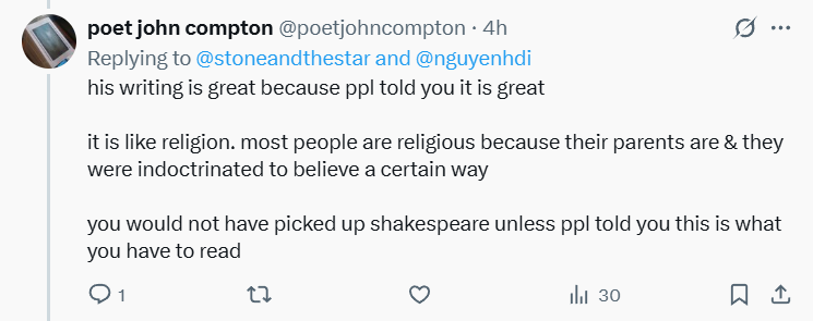 nguyenhdi's tweet photo. One thing that's always fascinated me about anti-classics people is that they're incapable of imagining that others may like things they don't like. Because they don't like Shakespeare, they think for the past 400 years everyone just pretended to like Shakespeare for some reason. https://t.co/grDLOCJKYh