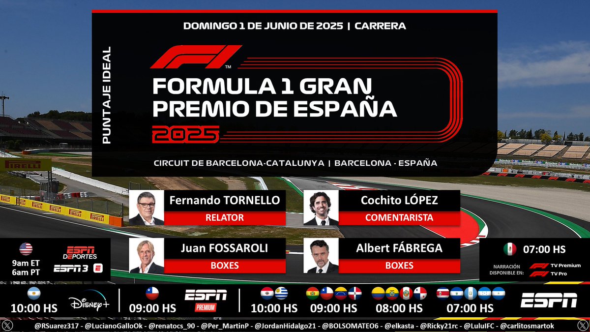 Puntaje Ideal (@puntaje_ideal) on Twitter photo 🏁 #F1 - #SpanishGP 🇪🇸 | Carrera
🎙 <a href="/F1Tornello/">Fernando Tornello 🌎🏁</a> - <a href="/cochitolopez/">Cochito Lopez</a> - <a href="/Gp1Fossaroli/">Juan Fossaroli</a> - <a href="/AlbertFabrega/">Albert Fabrega</a>
📺 #ESPNPremium 🇨🇱
📺 #ESPN Latinoamérica (❌🇦🇷🇲🇽)
📺 <a href="/ESPNDeportes/">ESPN Deportes</a> 🇺🇸
💻📱 #ESPN3 🇺🇸 (ESPN App)
💻📱 <a href="/disneyplusla/">Disney+ Latinoamérica</a> Latam (❌🇲🇽)
💻📱 #F1TV 🌎
🤳 #F1xESPN - #DisneyPlus
Dale RT 🔃 🏁 #F1 - #SpanishGP 🇪🇸 | Carrera
🎙 <a href="/F1Tornello/">Fernando Tornello 🌎🏁</a> - <a href="/cochitolopez/">Cochito Lopez</a> - <a href="/Gp1Fossaroli/">Juan Fossaroli</a> - <a href="/AlbertFabrega/">Albert Fabrega</a>
📺 #ESPNPremium 🇨🇱
📺 #ESPN Latinoamérica (❌🇦🇷🇲🇽)
📺 <a href="/ESPNDeportes/">ESPN Deportes</a> 🇺🇸
💻📱 #ESPN3 🇺🇸 (ESPN App)
💻📱 <a href="/disneyplusla/">Disney+ Latinoamérica</a> Latam (❌🇲🇽)
💻📱 #F1TV 🌎
🤳 #F1xESPN - #DisneyPlus
Dale RT 🔃