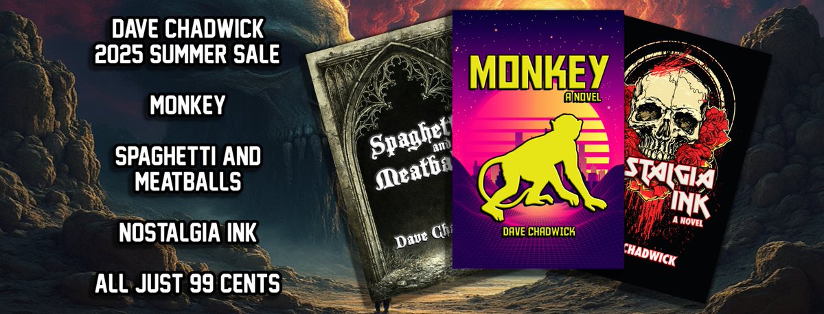 DChadwickAuthor's tweet image. All three of my recent titles, Monkey, Spaghetti and Meatballs, and Nostalgia Ink, will be on sale on the Amazon Kindle for 99 cents each for the duration of the summer. amazon.com/stores/Dave-Ch…