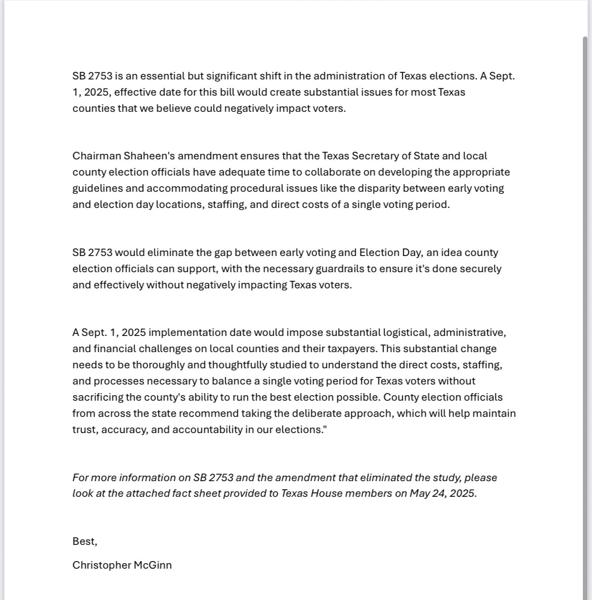 I stand with my fellow election officials in opposing the rushed implementation of SB 2753 in November 2025. We’ve shared our concerns and provided lawmakers with the data they need to support sound policy that protects voters and ensures secure, accessible elections across