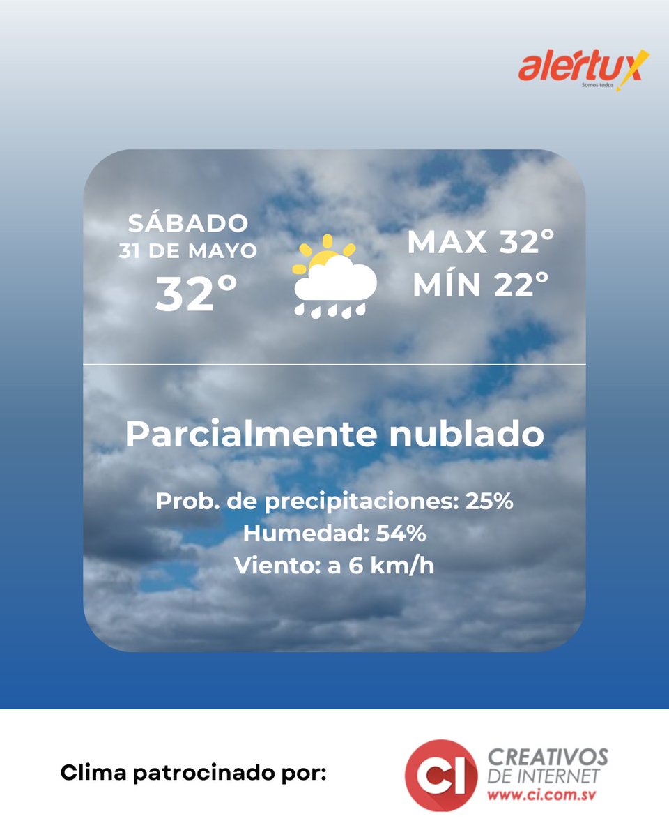 #Clima| Por la tarde: el cielo estará nublado sobre la cordillera volcánica (incluyendo sectores del AMSS) y sus alrededores, con probabilidad de lluvias puntuales. Además, se prevé el desarrollo de lluvias y tormentas en el transcurso de la tarde sobre la zona norte.

El clima