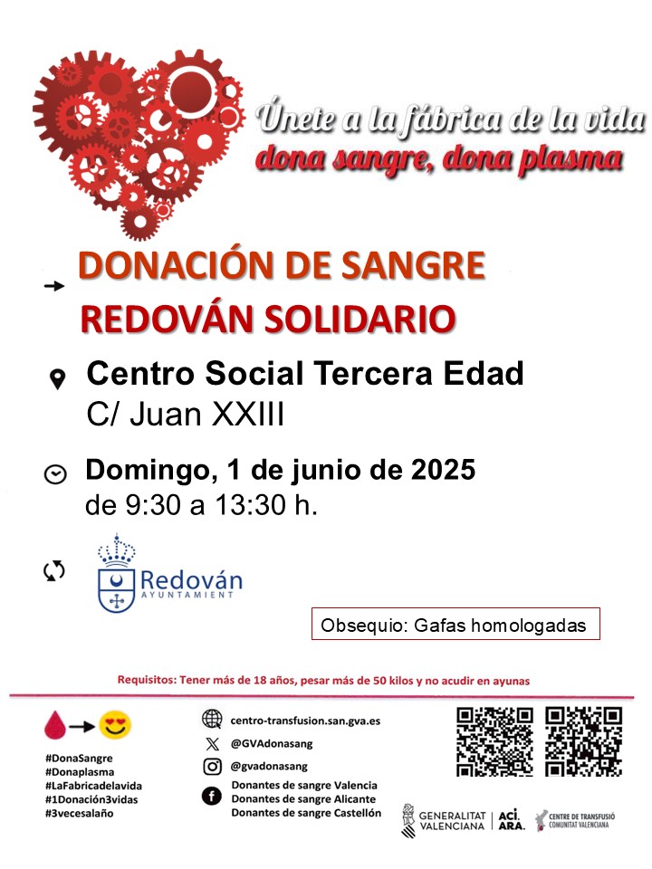 📌💉¡¡¡ATENTOS!!! Donación de #sangre en la #VegaBaja. Se necesitan en la provincia de Alicante 250 unidades diarias de sangre para personas de todas las edades. Acercaos mañana a #Redovan.
📰Más detalles,pinchad ahí👉
todoculturavegabaja.es/eventos/redova…
<a href="/GVAsanitat/">GVA Sanitat</a> <a href="/GVAdonasang/">GVA Dona Sang</a> <a href="/aytoredovan/">Ayuntamiento Redován</a>