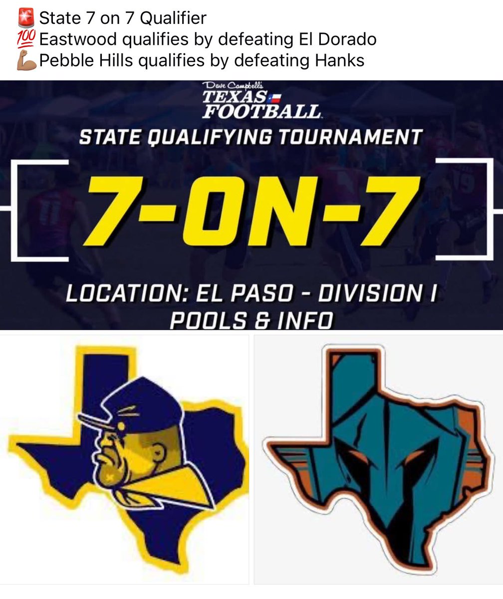 EP_Preps (@915preps_fb) on Twitter photo 🏈State 7 on 7 Qualifier
💯#EastwoodTroopers defeat <a href="/ELDO_FB/">Aztecs Football</a>
💪🏽<a href="/PebbleHHS_FB/">El Paso Pebble Hills High School Spartans Football</a> qualifies by defeating #HanksFootball 🏈State 7 on 7 Qualifier
💯#EastwoodTroopers defeat <a href="/ELDO_FB/">Aztecs Football</a>
💪🏽<a href="/PebbleHHS_FB/">El Paso Pebble Hills High School Spartans Football</a> qualifies by defeating #HanksFootball