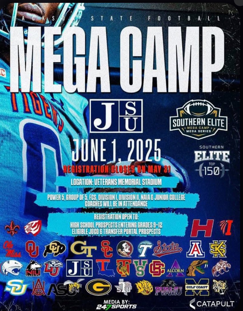 It’s an honor to say I have been invited to compete at the <a href="/gojsutigersfb/">Jackson State Football</a> MEGA camp on June 1st! Can’t wait for the opportunity!🔵⚪️🐅 <a href="/Rebels247/">David Johnson</a> <a href="/Recruit_OBFBall/">Olive Branch Football Recruiting</a> <a href="/CoachJ1906/">Marcus Jamison</a>