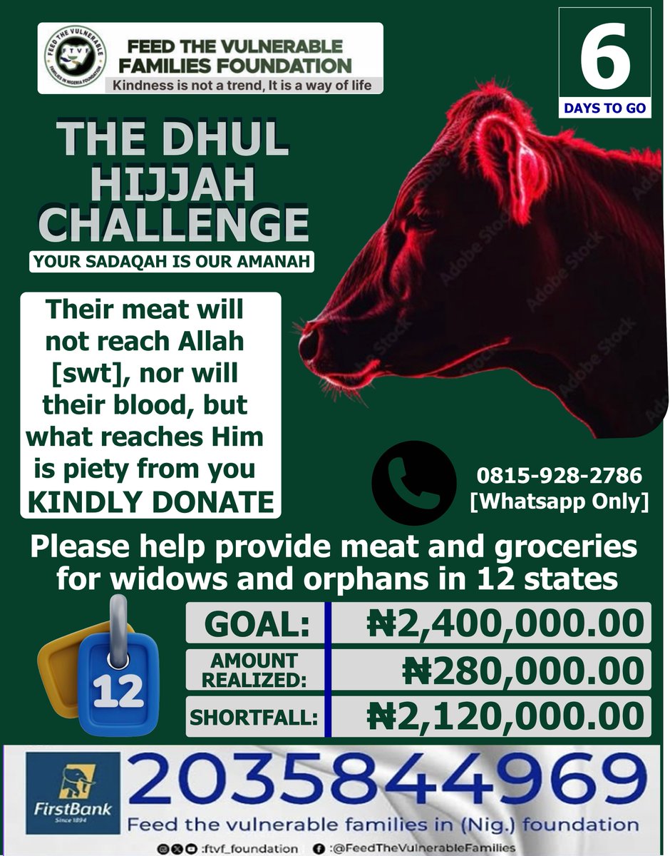 ftvf_foundation's tweet photo. This Dhul-Hijjah your generosity can provide meals, protein, water, and aid to individuals and families in dire need.

𝗣𝗹𝗲𝗮𝘀𝗲 𝗱𝗼𝗻𝗮𝘁𝗲 𝘁𝗼 𝘁𝗵𝗶𝘀 𝗻𝗼𝗯𝗹𝗲 𝗰𝗮𝘂𝘀𝗲 𝗶𝗳 𝗔𝗹𝗹𝗮𝗵 [𝘀𝘄𝘁] 𝗵𝗮𝘀 𝗯𝗹𝗲𝘀𝘀𝗲𝗱 𝘆𝗼𝘂. [𝗞𝗶𝗻𝗱𝗹𝘆 𝗵𝗲𝗹𝗽 𝗰𝗹𝗶𝗰𝗸 𝘁𝗵𝗲 𝗿𝗲𝗽𝗼𝘀𝘁 𝗯𝘂𝘁𝘁𝗼𝗻]

₦aira Account Details:
2035844969
First Bank Plc

Link: https://t.co/e5WEi9LRWo

The first ten days of Dhul Hijjah are a time of immense spiritual significance and reward in Islam, offering a multitude of opportunities to earn blessings and forgiveness

Kindness is contagious. The person you��re being kind to benefits through your help and you'll feel good for having helped someone.

The Prophet Muhammad ﷺ said, 'Spend (in charity), O son of Adam, and I shall spend on you.' Sahih al-Bukhari (5352) 

[Helping us repost this is charity, please if this pops up on your timeline, kindly click the repost button]

@Taqiyya_tullaah  @_AyshaMaigiwa @Mz_Tosyn @the_shakirah @Hauwa_L  @Shukri_ibm @asia_dalhat @AdunolaEleniyan @Asmau__Hassan @Habee_xo @AbubakarDija @___Khadijah___ @Kha__deejahh @deejarh_raaj @TheOnlyPappi @IdrisAOni1 @Binat_Aji
@MrAbuSidiq  @AyomideRaheemot @nooraiinX @KinqKudos @MusaIbr25620296 @soft_girlie @AbeniAde_ @Remmzor__ @TheDimejiLateef @Folami_mo @FotoNugget   @Oluwamuminiyi @__Msmaryam @Zayynab1000 @EmeraldZee1 @ree_rehanat  @_ruqqayyah_ @bigmanfarouk @Femi_OfMainland @Engryusman2018 @MusaJamiu20  
@_abuhaneefah @tinugrills  @Ibn_Kareem @Oniwe_luqman @SULTEEEEE @Dongarrus1 @da_tesleem  @Abdyekeen_Bash @InsideIlorin_NG @InsideOsogbo