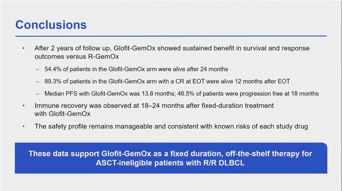 Lymphoma Hub (@lymphomahub) on Twitter photo CONGRESS | #ASCO25 | PRESENTATION
Jeremy Abramson, <a href="/MassGeneralNews/">MassGeneral News</a>, shares 2-year data from STARGLO trial of Glofit-GemOx in R/R DLBCL. Sustained OS, median IRC-assessed PFS and CR benefits. Median duration of CR not reached. Safety profile remained manageable.
Follow our live CONGRESS | #ASCO25 | PRESENTATION
Jeremy Abramson, <a href="/MassGeneralNews/">MassGeneral News</a>, shares 2-year data from STARGLO trial of Glofit-GemOx in R/R DLBCL. Sustained OS, median IRC-assessed PFS and CR benefits. Median duration of CR not reached. Safety profile remained manageable.
Follow our live