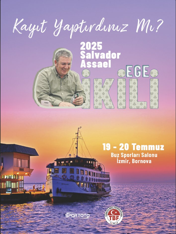 2025 Salvador Assael Ege İkili Briç Şampiyonası 19-20 Temmuz tarihlerinde İzmir Bornova, Buz Sporları Salonunda oynanacaktır. Kayıtlar tbricfed.org.tr adresinden yapılacaktır.