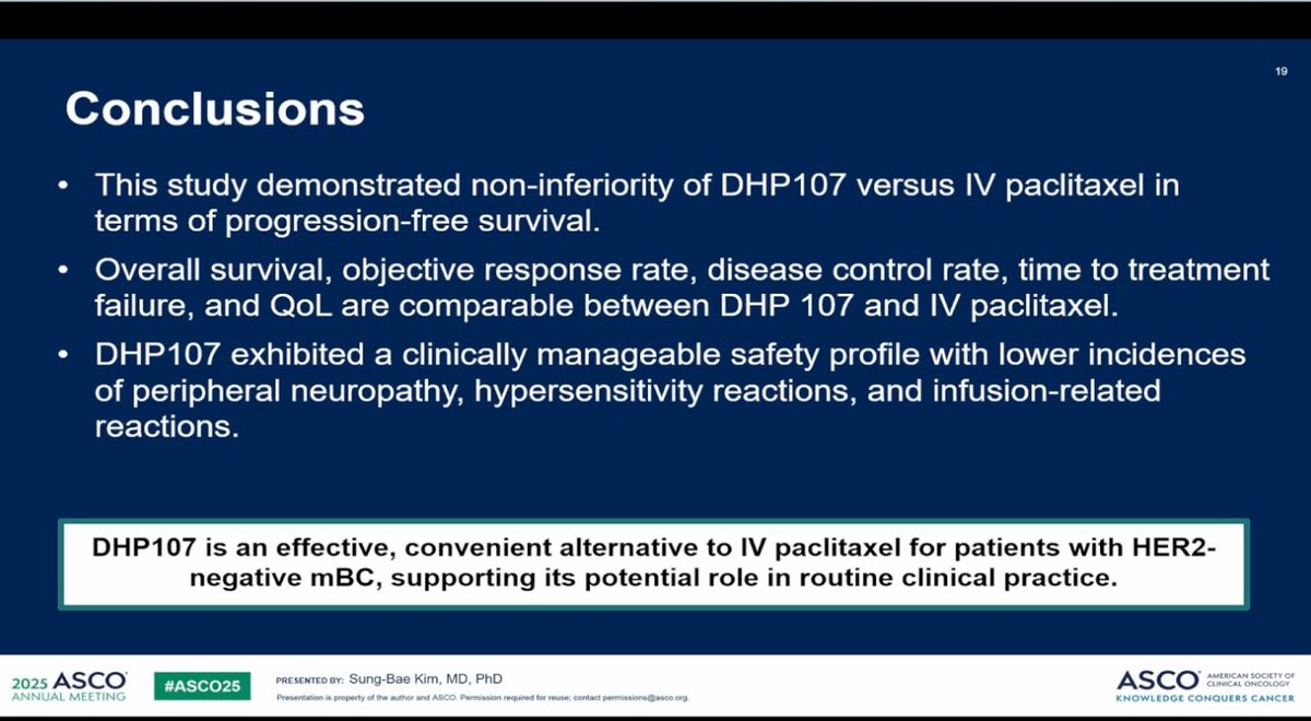 DHP107 is non inferior to paclitaxel in this 🇰🇷 study presented by Sung-Bae Kim #ASCO25