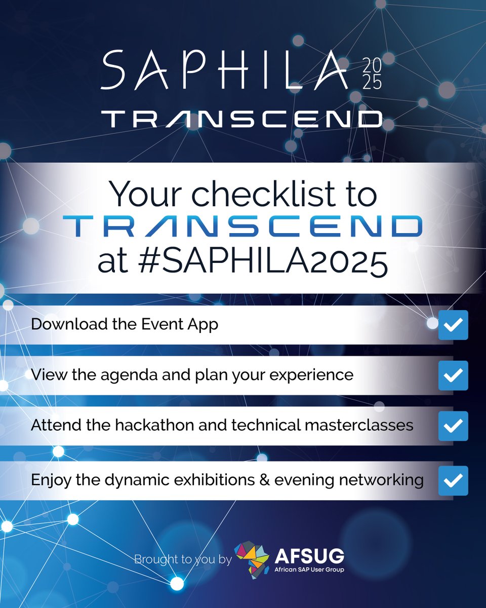 ✅ Ready to TRANSCEND?
Make the most of your SAPHILA 2025 experience with this must-do checklist:
✔ Download the Event App
✔ Explore the agenda &amp; plan your experience
✔ Join the hackathon &amp; masterclasses
✔ Dive into exhibitions &amp; evening networking
#SAPHILA2025 #Transcend