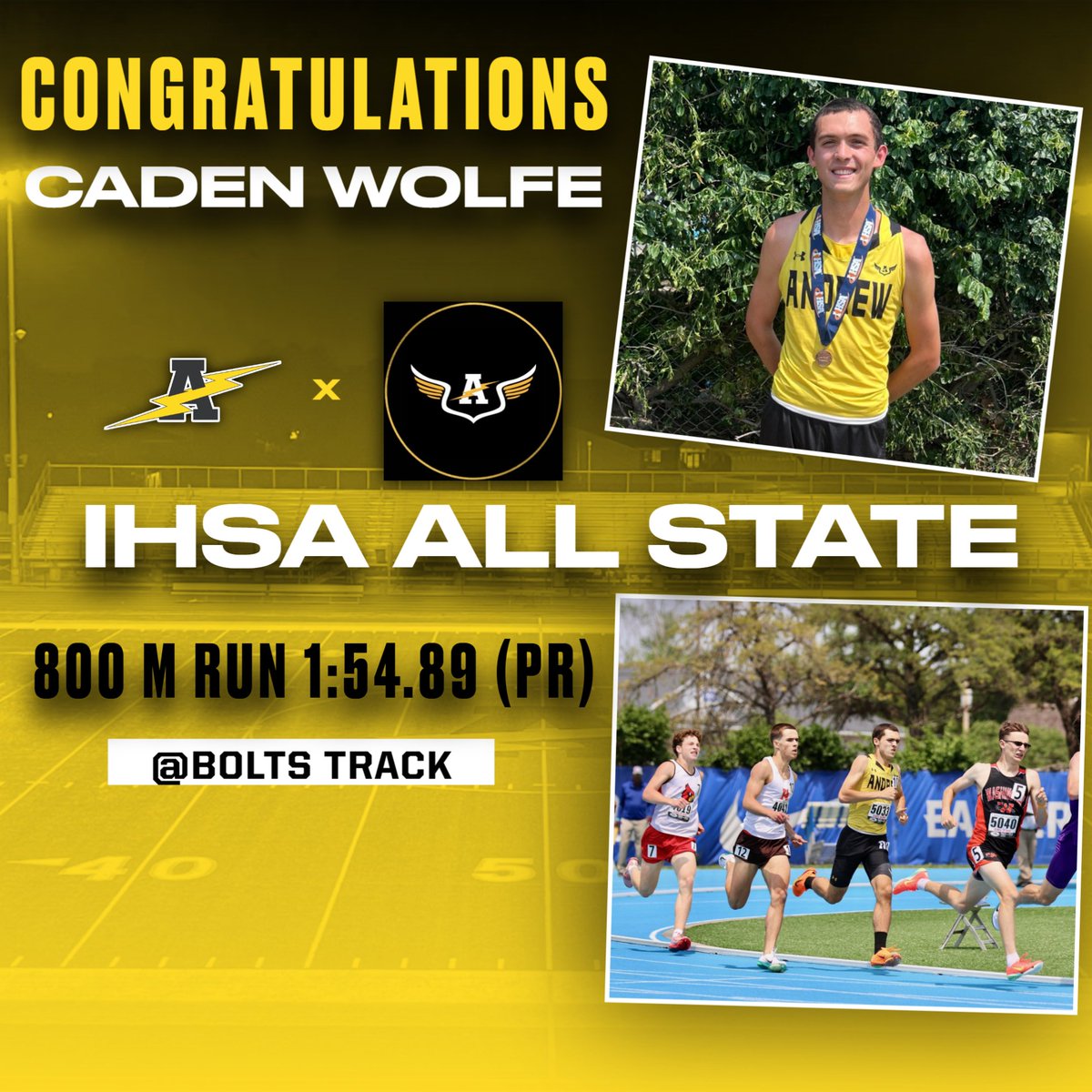 Andrew Athletics (@vjabolts) on Twitter photo In the final athletic competition of the year for Andrew Athletics, junior Caden Wolfe of <a href="/BoltsTrack/">Bolts Track</a> capped an outstanding season by running a PR in the 800 M run at the IHSA State Finals at EIU, finishing in 6th place earning All-State Honors!
Congratulations to Caden! In the final athletic competition of the year for Andrew Athletics, junior Caden Wolfe of <a href="/BoltsTrack/">Bolts Track</a> capped an outstanding season by running a PR in the 800 M run at the IHSA State Finals at EIU, finishing in 6th place earning All-State Honors!
Congratulations to Caden!