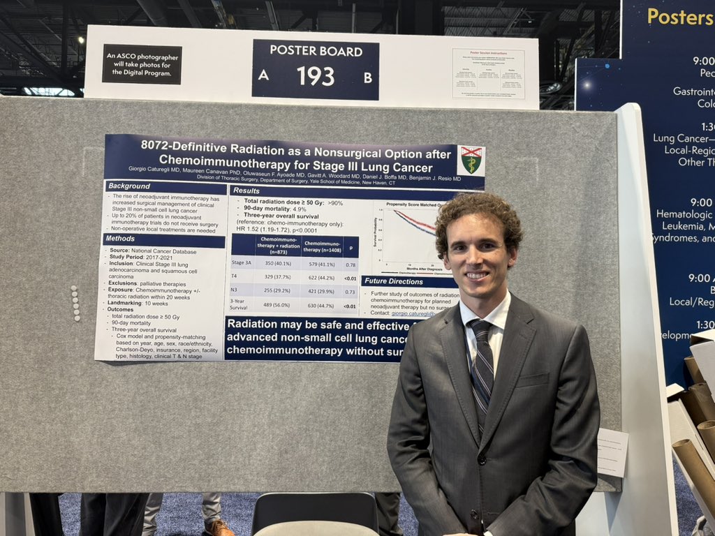 Yale Cancer Center (@yalecancer) on Twitter photo New research presented by Dr. Giorgio Caturegli <a href="/YaleSurgRes/">Yale Surgical Residency</a> <a href="/YaleThoracic/">Yale Thoracic Surgery</a> #ASCO25 justifies using radiation after chemoimmunotherapy for patients with stage III #NSCLC. #AACR25
<a href="/SmilowCancer/">Smilow Cancer Hospital</a> <a href="/YaleMed/">Yale School of Medicine</a> <a href="/GavittWoodard/">Gavitt Woodard</a>
meetings.asco.org/2025-asco-annu… New research presented by Dr. Giorgio Caturegli <a href="/YaleSurgRes/">Yale Surgical Residency</a> <a href="/YaleThoracic/">Yale Thoracic Surgery</a> #ASCO25 justifies using radiation after chemoimmunotherapy for patients with stage III #NSCLC. #AACR25
<a href="/SmilowCancer/">Smilow Cancer Hospital</a> <a href="/YaleMed/">Yale School of Medicine</a> <a href="/GavittWoodard/">Gavitt Woodard</a>
meetings.asco.org/2025-asco-annu…