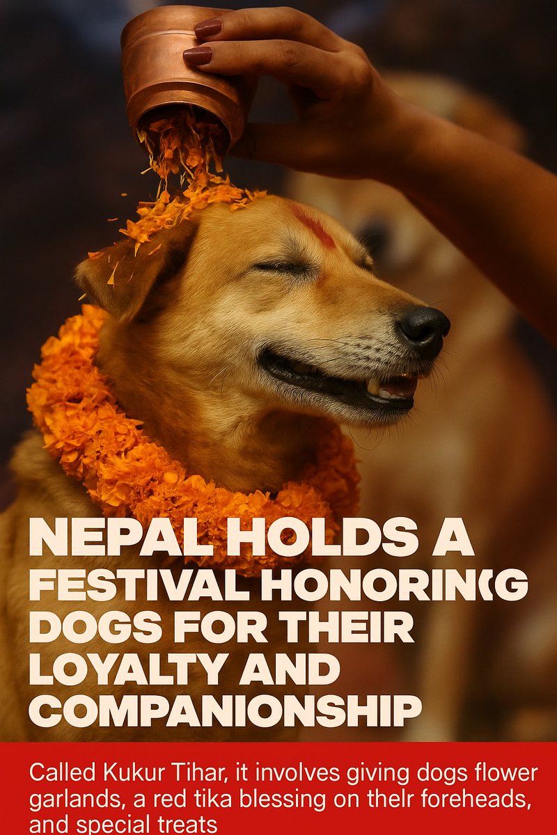 🐾 Nepal celebrates dogs! 🐶
During the Tihar festival, Kukur Tihar is dedicated to honoring dogs for their loyalty and unconditional love.
They’re adorned with garlands, tika &amp; special treats – worshipped like divine beings.
A reminder of the love they give us. ❤️🙏

#KukurTihar