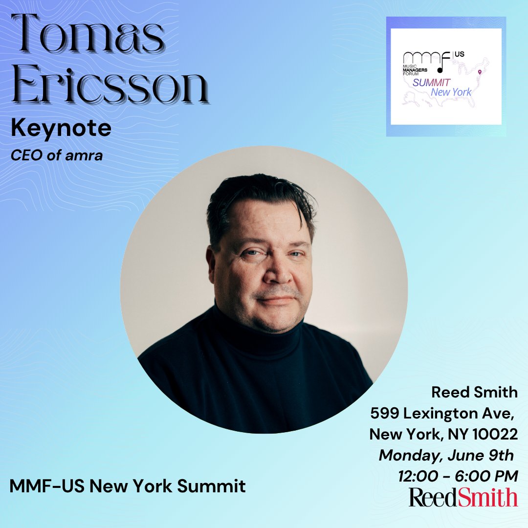 Music Managers Forum (@mmfus) on Twitter photo We are pleased to announce that Tomas Ericsson (CEO of amra) will be joining us as a Keynote speaker on June 9th at Reed Smithās Manhattan office for the <a href="/MMFUS/">Music Managers Forum</a> New York Summit.
RSVP Below:
eventbrite.com/e/mmf-us-ny-suā¦
#MMFUS #MusicIndustry #MusicBusiness We are pleased to announce that Tomas Ericsson (CEO of amra) will be joining us as a Keynote speaker on June 9th at Reed Smithās Manhattan office for the <a href="/MMFUS/">Music Managers Forum</a> New York Summit.
RSVP Below:
eventbrite.com/e/mmf-us-ny-suā¦
#MMFUS #MusicIndustry #MusicBusiness