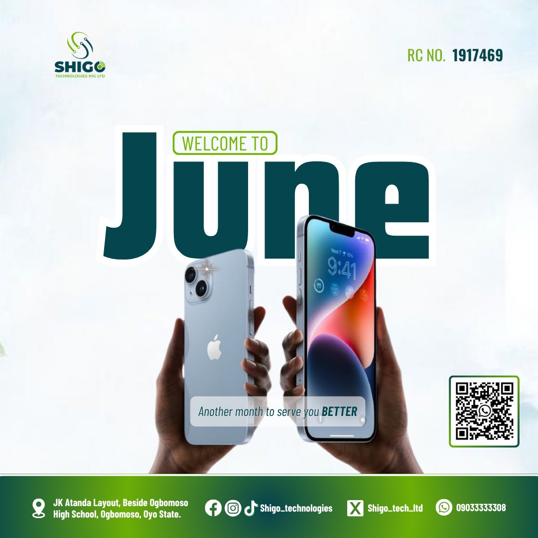 shigo_tech_LTD's tweet photo. Hello June! ☀️
New month, same promise — to serve you better with the best gadgets, deals &amp; repairs in town.
📍 Ogbomoso | 📞 09033333308

#WelcomeJune #ShigoTechnologies #TechDeals https://t.co/qsD9lWAmQi