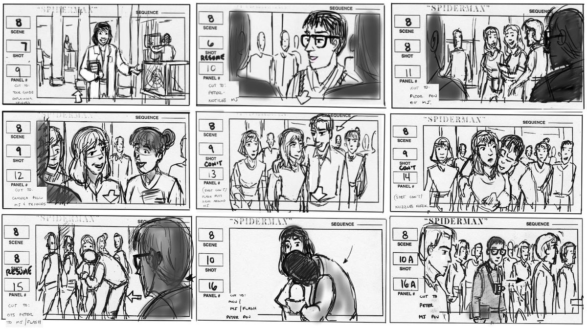 raimi_webhunter's tweet photo. "This is the first sequence I boarded on the first Spiderman. Peter Parker is bitten by the "super spider" in this scene.  It was originally going to be a tour of Norman Osborn's genetic lab but was changed to a more generic lab that a high school class would attend..." [2/3] https://t.co/MDhmQJwxUK