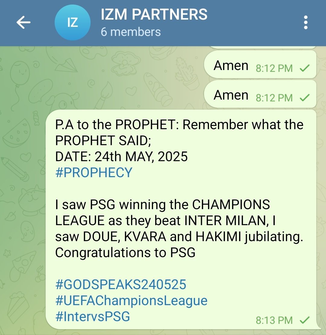 IsraelZionLive's tweet photo. #PROPHECYFULFILLED!!!
UEFA CHAMPIONS LEAGUE PROPHECY AS GIVEN EXACTLY LAST WEEK TO ONLY PARTNERS. I owed them this one. #uefachampionsleaguefinal #intervspsg #grace #TheProphetic #prophecyfulfilled #TerStegenOut #Pakistan #BINIverseWorldTour2025 https://t.co/JwxEBEmutZ