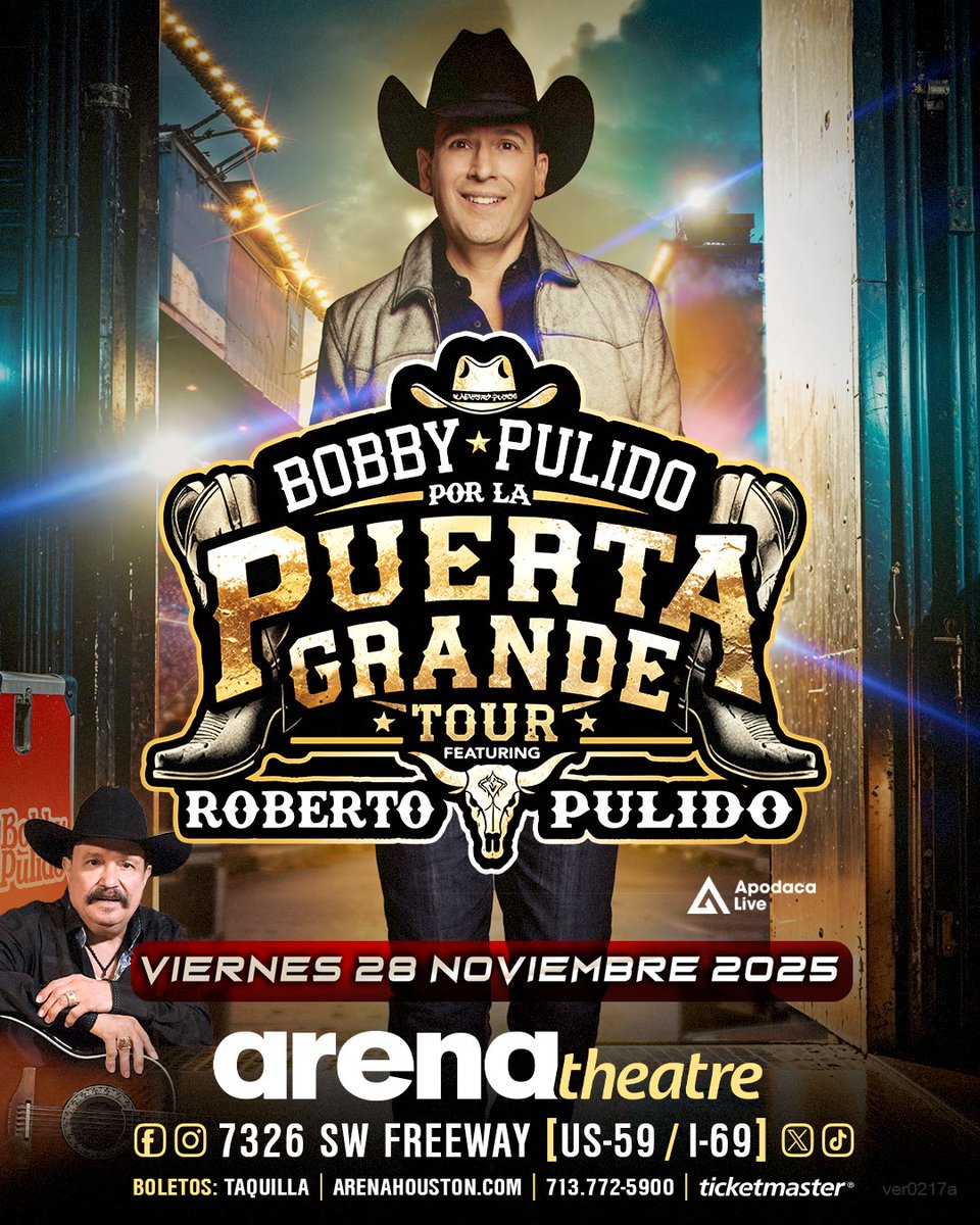 Arena Theatre (@arenatheatre) on Twitter photo 🎶 ¡Houston, prepárate para una noche inolvidable! 🎶
<a href="/bobbypulido425/">Bobby Pulido</a> llega al Arena Theatre con su Puerta Grande Tour, acompañado por el legendario Roberto Pulido. 🌟
🗓 Viernes, 28 de noviembre
🎟 bit.ly/412C1Vg
🎧 spoti.fi/45yWPaU
📞 713-772-5900 🎶 ¡Houston, prepárate para una noche inolvidable! 🎶
<a href="/bobbypulido425/">Bobby Pulido</a> llega al Arena Theatre con su Puerta Grande Tour, acompañado por el legendario Roberto Pulido. 🌟
🗓 Viernes, 28 de noviembre
🎟 bit.ly/412C1Vg
🎧 spoti.fi/45yWPaU
📞 713-772-5900